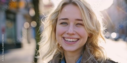 A happy woman with blonde hair and a warm smile, enjoying the sunshine