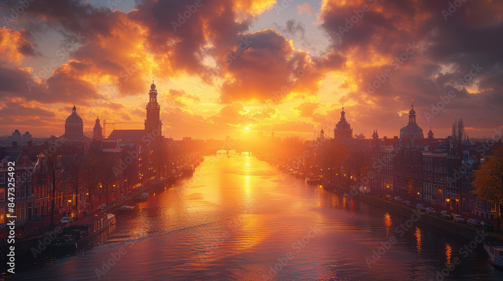 Obraz premium Amsterdam, Netherlands city skyline created with Generative AI technology