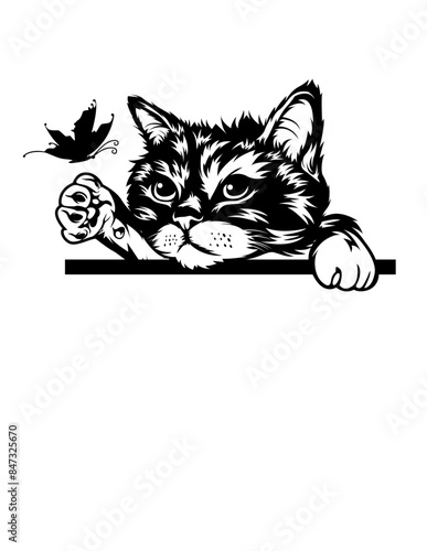 .Cute Peeking Cat Reaching Butterfly | Home Pet | Vet Clinic | Cat Lover | Cat Lover | Playful Kitten | Domestic Animal | Original Illustration | Vector and Clipart | Cutfifle and Stencil