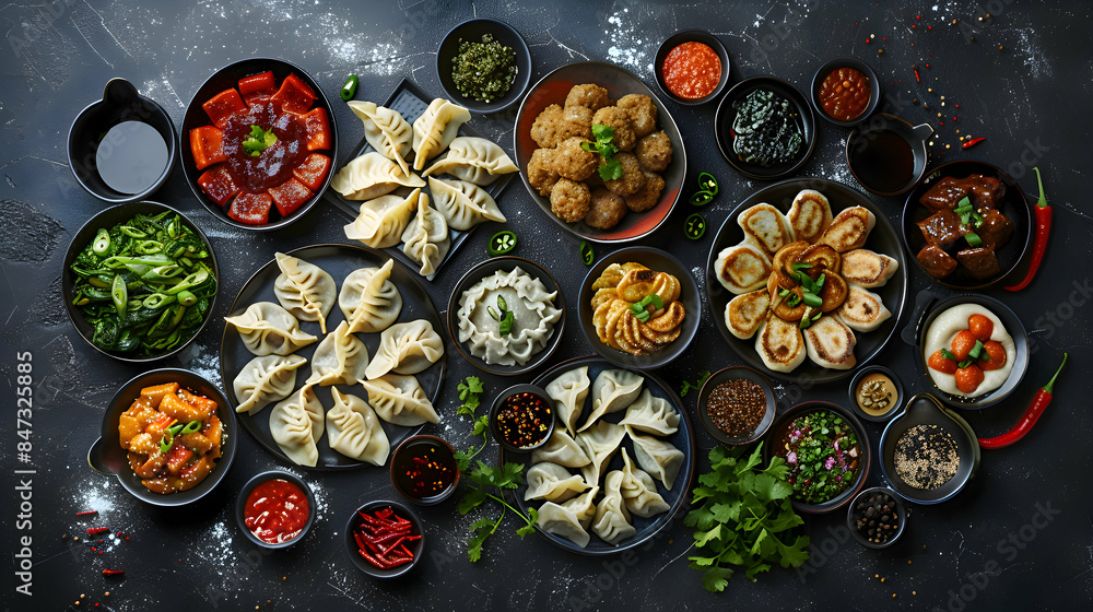 A selection of freshly made fast food dumplings with various fillings and dipping sauces A selection of freshly made fast food dumplings with various fillings and dipping sauces