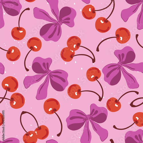 Seamless pattern cherries and coquette ribbon bow. Sweet red cherry, purple bow. Aesthetic wallpaper in trendy retro vintage style. Cute hand drawing cartoon vector illustration isolated on pink
