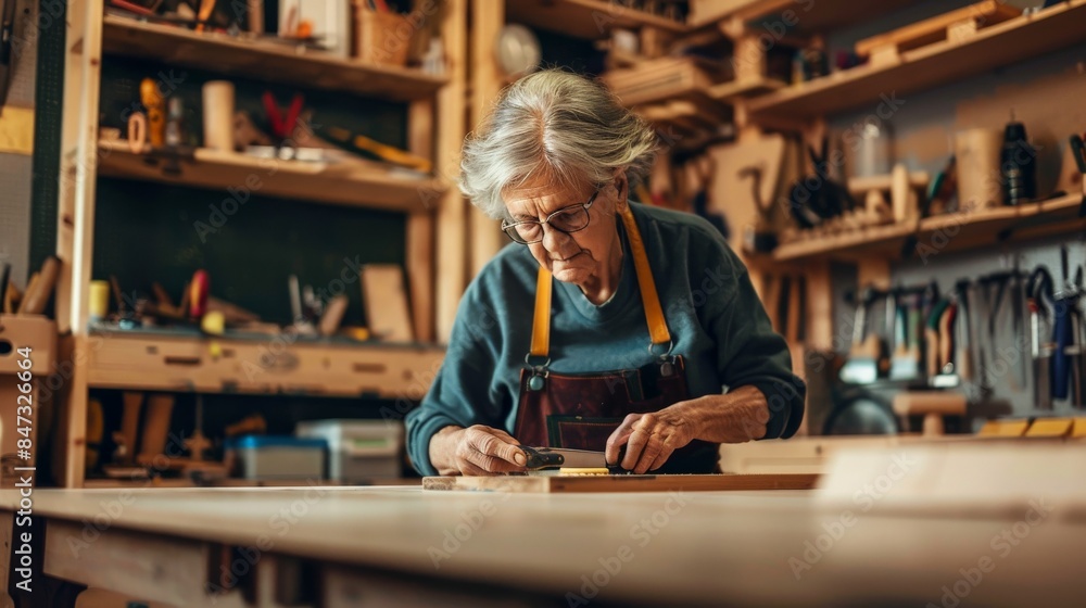 Older Woman Carpenter Working in a Well-Equipped Workshop Older Woman Carpenter Working in a Well-Equipped Workshop