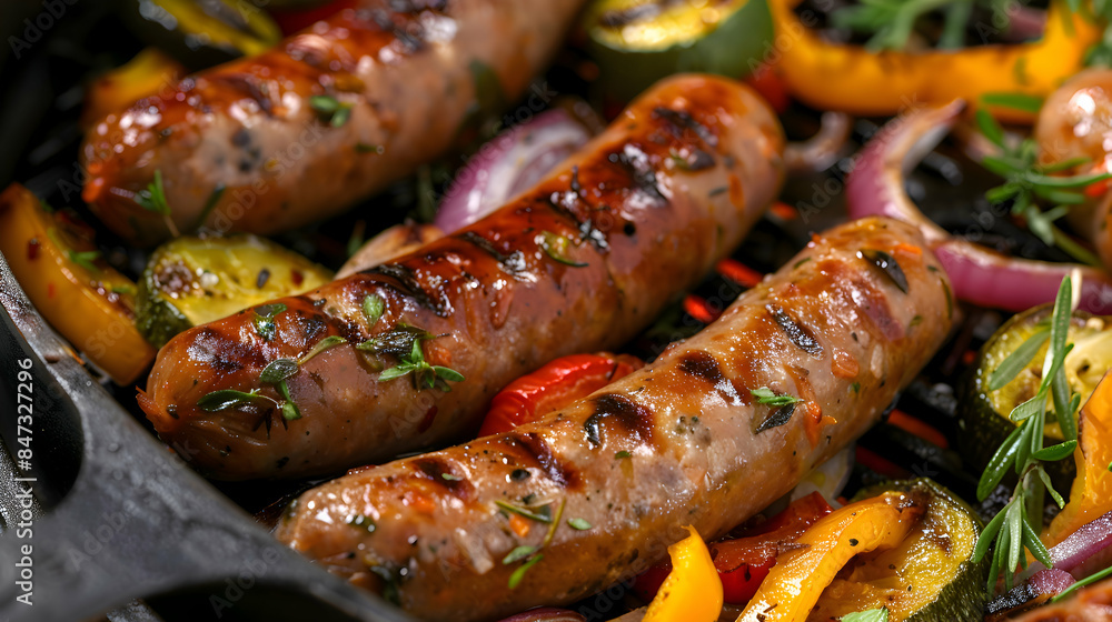 A sizzling fast food sausage with grilled vegetables A sizzling fast food sausage with grilled vegetables