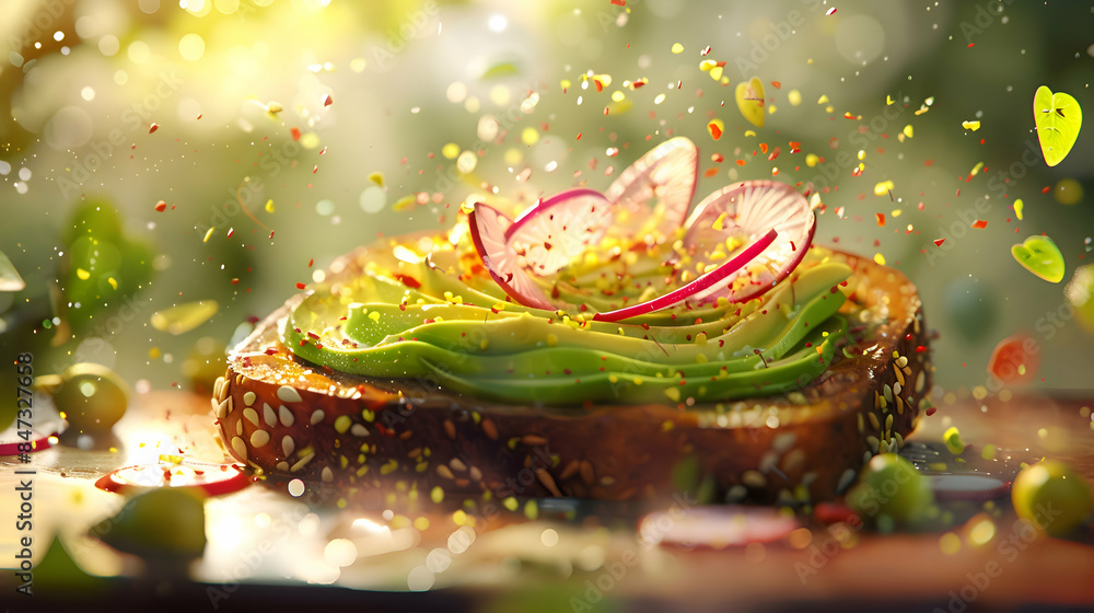 A slice of golden, crispy fast food avocado toast topped with radishes and a sprinkle of chili flakes A slice of golden, crispy fast food avocado toast topped with radishes and a sprinkle of chili flakes