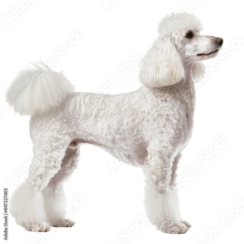white poodle standing in side profile on white background, PNG