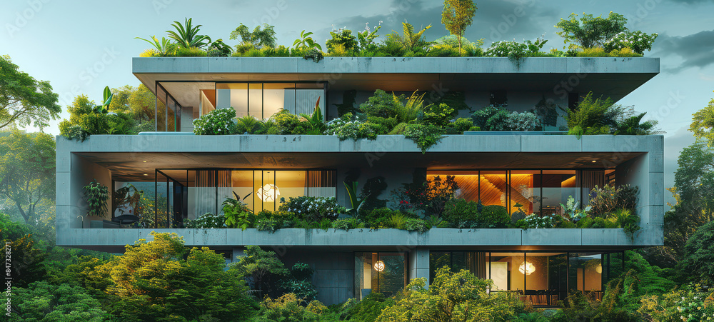 flat building with lots of plants on top and trees on the ground created with Generative AI technology flat building with lots of plants on top and trees on the ground created with Generative AI technology