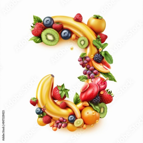 Typography of the letter J crafted from fresh fruit. Fruits and vegetables. Easy to remove background. Creative and healthy concept. 