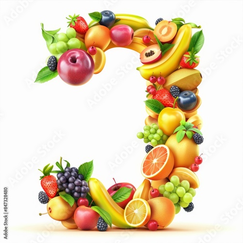 Typography of the letter J crafted from fresh fruit. Fruits and vegetables. Easy to remove background. Creative and healthy concept.  © Absent Satu