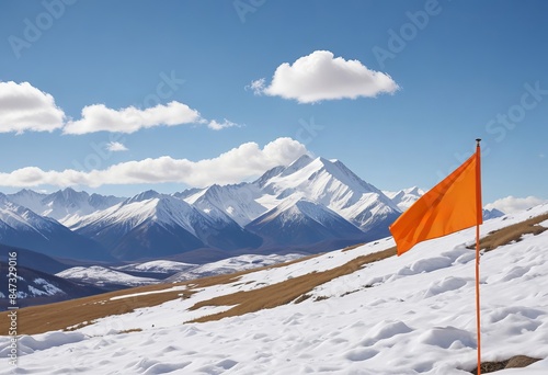 A bright orange flag flutters against the backdrop of snow capped mountain peaks under a blue sky, symbolizing achieving goals and conquering peaks in a picturesque landscape, motivation, inspiration