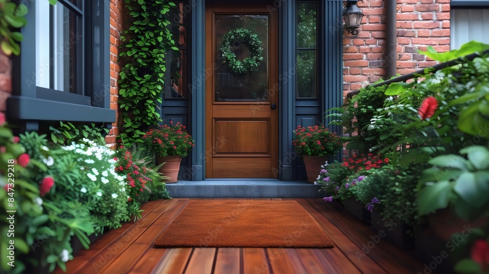 A wooden front door with a wreath on it A wooden front door with a wreath on it