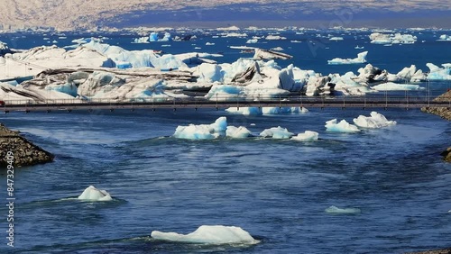 Jökulsárlón - Glacier Lagoon. A large glacial lake in southern part of Vatnajökull National Park, Iceland. Aerial view of the big pieces of ice from glacier