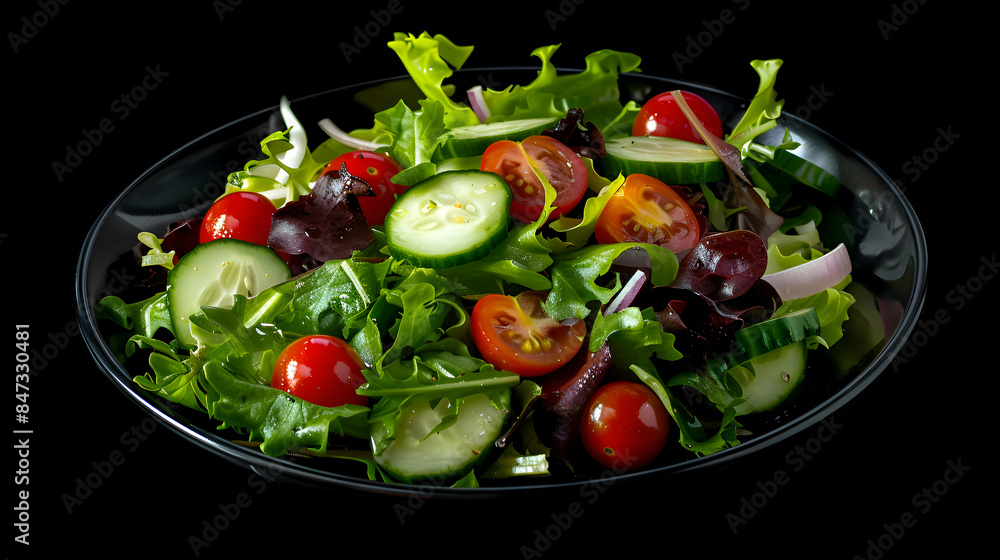A vibrant fast food salad with fresh greens, cherry tomatoes, and cucumbers A vibrant fast food salad with fresh greens, cherry tomatoes, and cucumbers