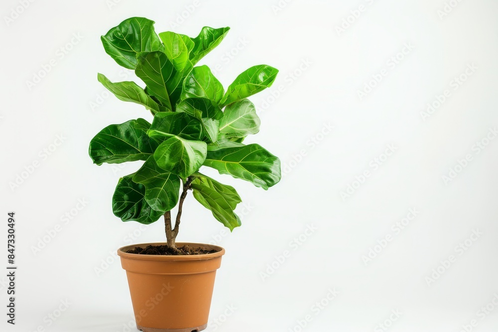 Obraz premium Fiddle Leaf Fig (Ficus Lyrata) in Flowerpot Closeup, Fiddle Leaf Fig Ficus Macro House Plant in Flowerpot