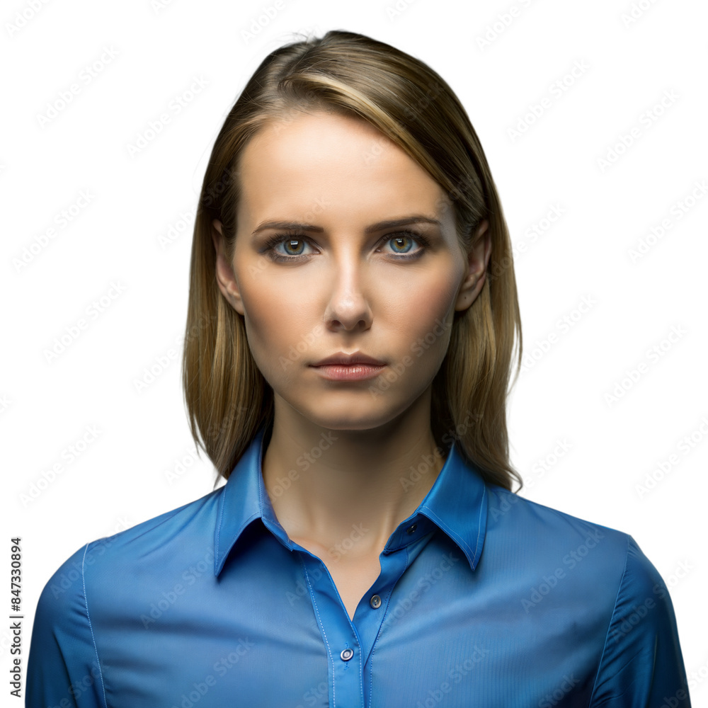 Confident businesswoman in blue shirt with serious expression Confident businesswoman in blue shirt with serious expression