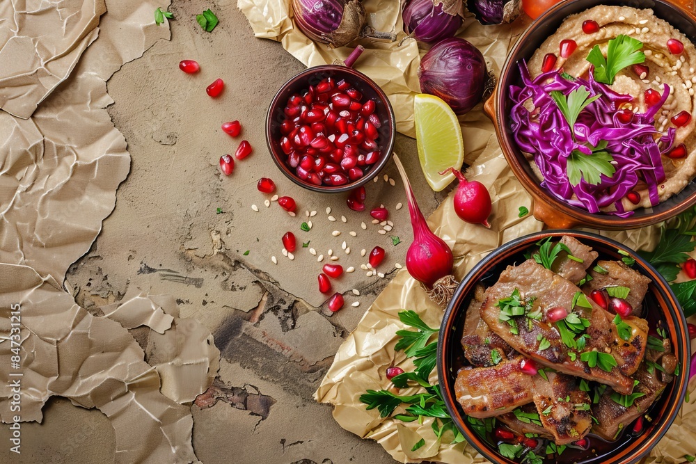 Asian Lunch with Fried Lamb Tongues, Pomegranate Seeds, Pickled Cabbage, Eggplant Hummus Asian Lunch with Fried Lamb Tongues, Pomegranate Seeds, Pickled Cabbage, Eggplant Hummus
