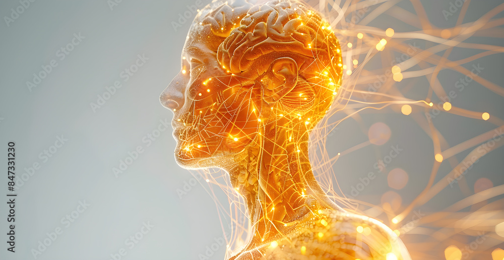 A woman's head is shown with a lot of glowing lines and dots A woman's head is shown with a lot of glowing lines and dots