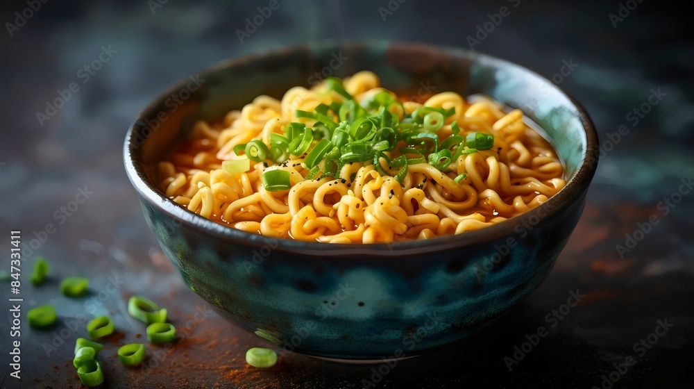 A bowl of ramen noodles with green onions on top A bowl of ramen noodles with green onions on top