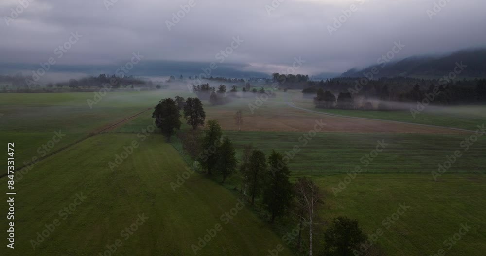 Green Fields And Trees Against Misty Peaks Green Fields And Trees Against Misty Peaks