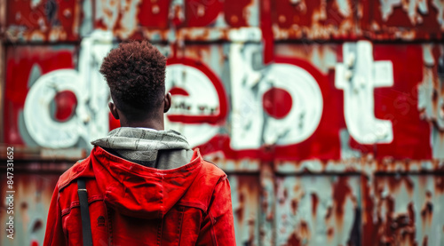 A man in a red hoodie stands in front of a red wall with the word debt written