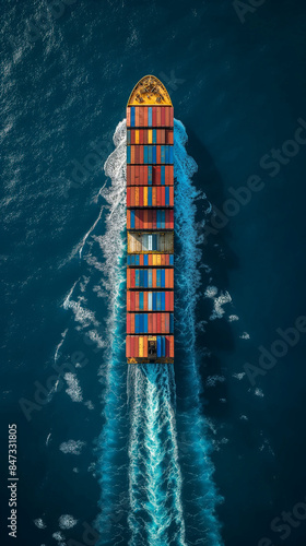 Top view of a huge cargo ship having lots of shipping containers sailing over deep blue ocean in coast © Natali