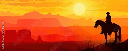 Silhouette of a cowboy on horseback against a vibrant desert sunset, showcasing the rugged beauty of the American West. © Dalibor