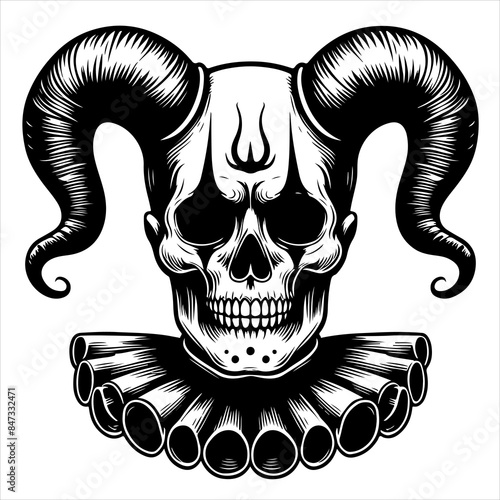 Clown skull black outline creepy illustration.