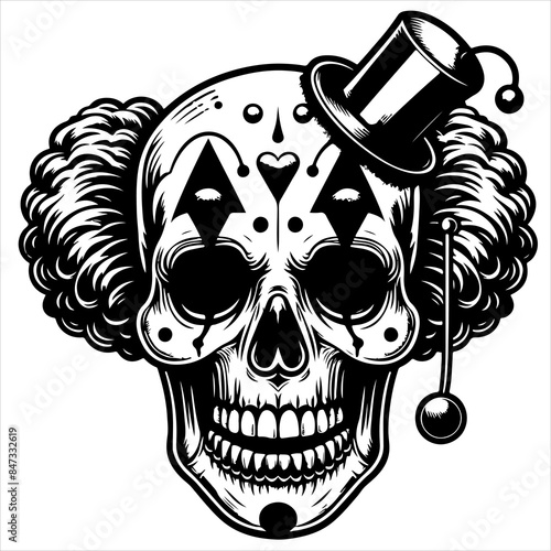Clown skull black outline creepy illustration.