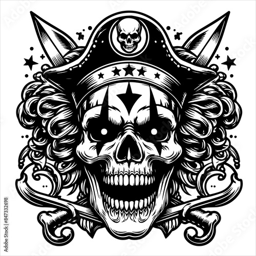 Clown skull black outline creepy illustration.
