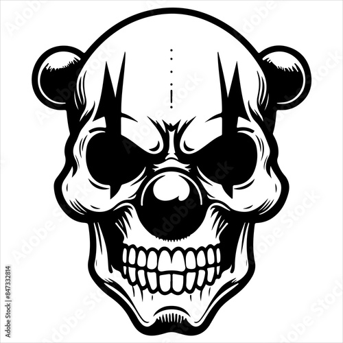 Clown skull black outline creepy illustration.