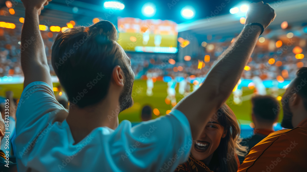 A man and woman are celebrating in stadium with a crowd of people around them, football fans at the championship or cup A man and woman are celebrating in stadium with a crowd of people around them, football fans at the championship or cup