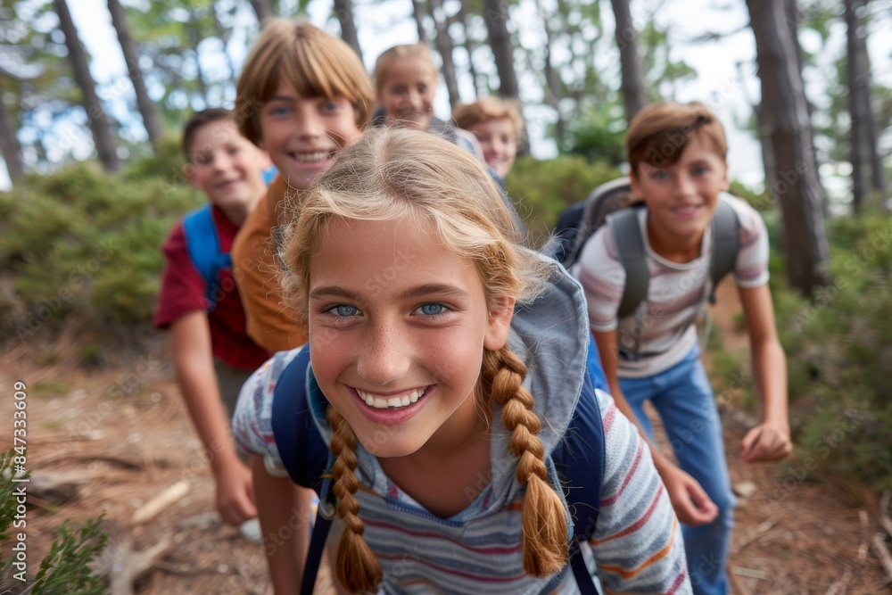 Portrait of smiling girl with friends standing in forest on a sunny day Portrait of smiling girl with friends standing in forest on a sunny day
