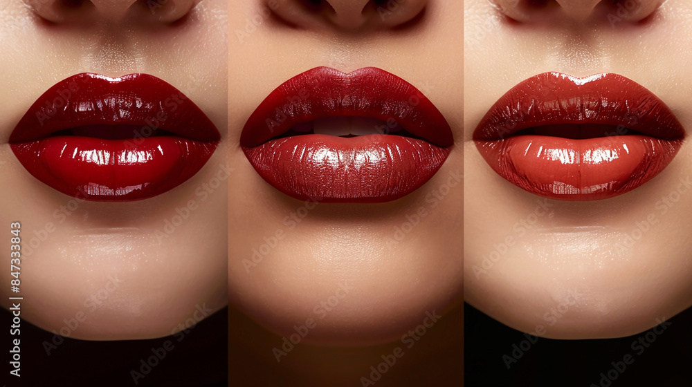 wide macro closeup photo of different beautiful woman lips with red color lipstick applied wide macro closeup photo of different beautiful woman lips with red color lipstick applied