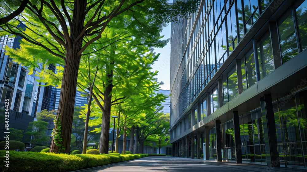 Urban Oasis: Green Trees by Modern Glass Buildings Urban Oasis: Green Trees by Modern Glass Buildings
