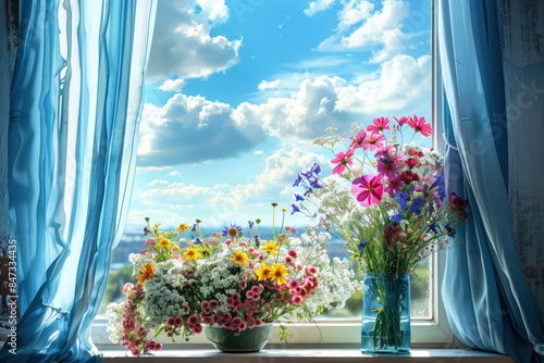 A window with a blue curtain and a vase of flowers on a table
