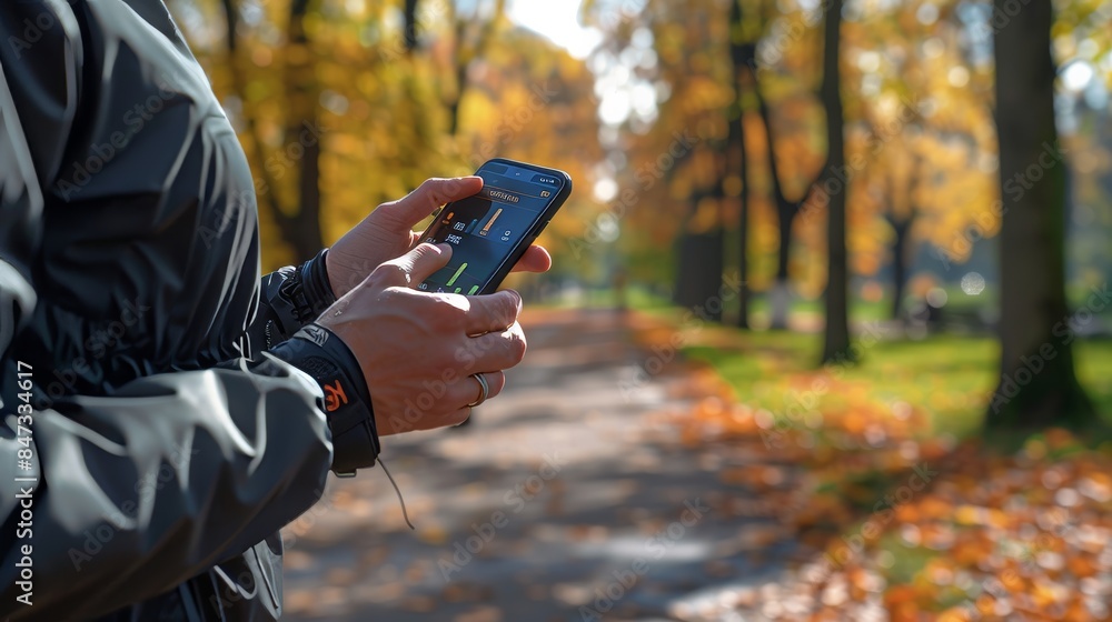A person uses a smartphone while walking in an autumn park, surrounded by vibrant fall foliage. The path is lined with trees shedding colorful leaves, creating a picturesque and serene atmosphere. A person uses a smartphone while walking in an autumn park, surrounded by vibrant fall foliage. The path is lined with trees shedding colorful leaves, creating a picturesque and serene atmosphere.