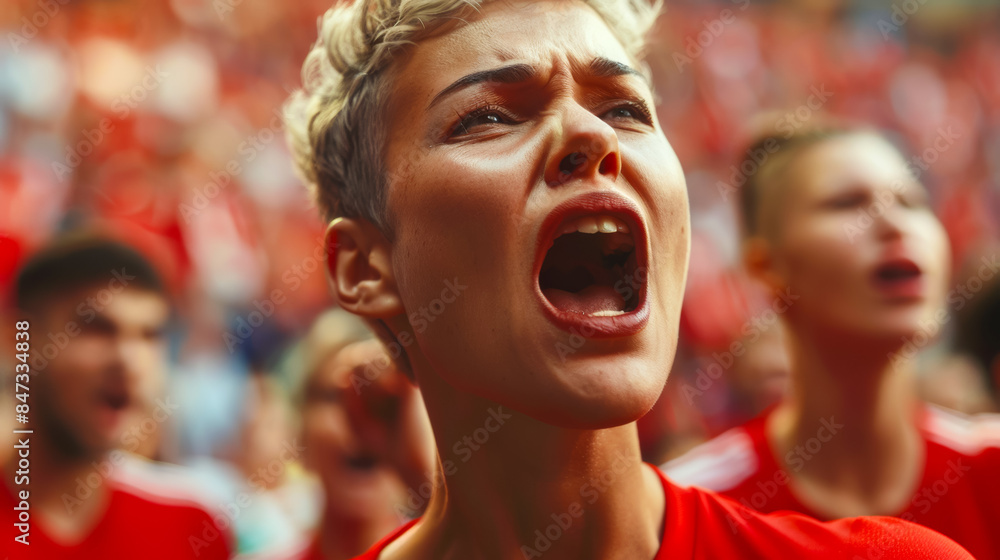 A woman is screaming in a crowd of people, football fans at the championship or cup A woman is screaming in a crowd of people, football fans at the championship or cup