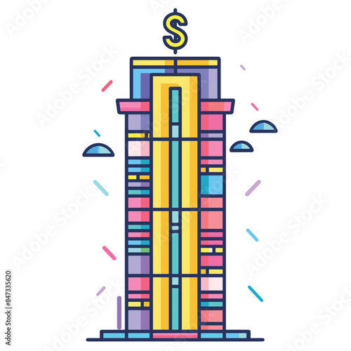 Colorful skyscraper building vector illustration finance business symbol. Corporate skyline office architecture dollar sign financial economy growth. Cartoon urban highrise commercial tower