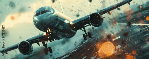 Airplane taking off from runway, motion blur effect, dynamic aviation scene, concept of travel and transportation.