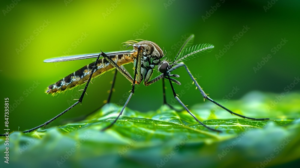 Vibrant Macro Photograph of Mosquito on Dewy Green Leaf Vibrant Macro Photograph of Mosquito on Dewy Green Leaf