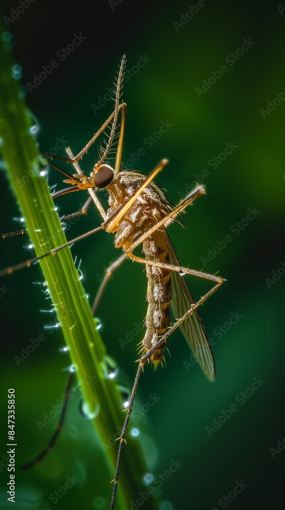 Macro Shot of Mosquito Perched on Dew-Covered Grass Blade in Nature Macro Shot of Mosquito Perched on Dew-Covered Grass Blade in Nature