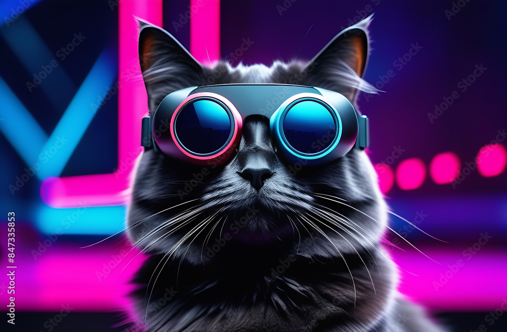 Cat wearing virtual reality goggles wireless headset. VR videogame experience, futuristic aesthetics. Cat wearing virtual reality goggles wireless headset. VR videogame experience, futuristic aesthetics.