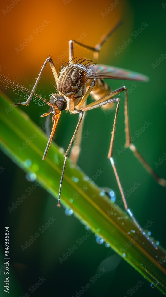 Macro Shot of Mosquito Perched on Dew-Covered Grass Blade in Nature Macro Shot of Mosquito Perched on Dew-Covered Grass Blade in Nature