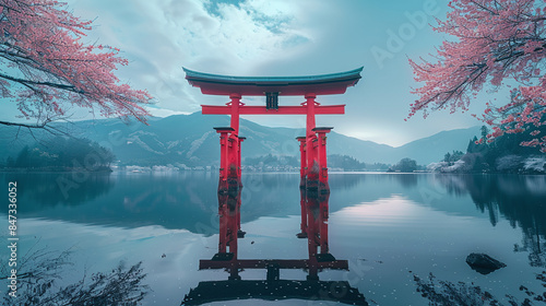 time-l beautiful red japanese torii gate at a lake, foggy scene