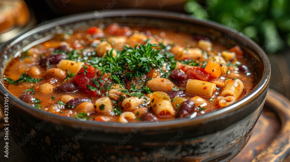 A delicious bowl of vegetable and bean soup garnished with parsley, shot in a warm and inviting style