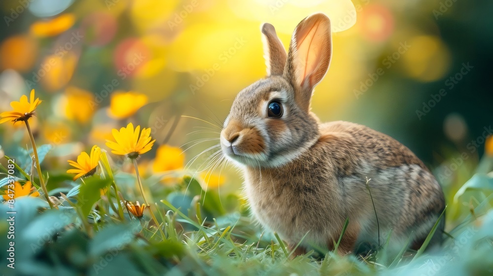 Fototapeta premium A rabbit is sitting in a field of flowers