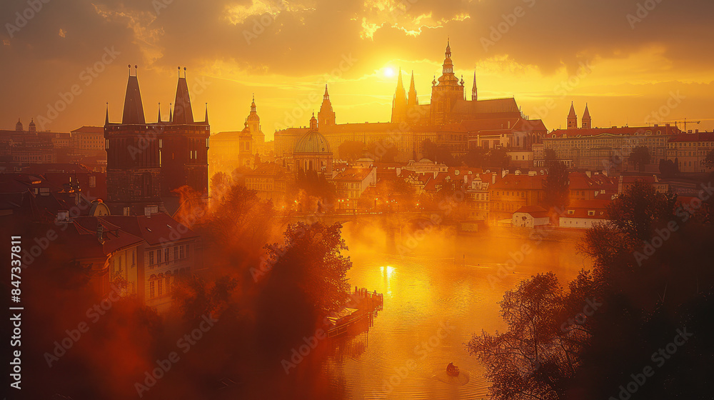Fototapeta premium Prague, Czech Republic city skyline, golden hour, photorealistic --ar 16:9 --style raw --stylize 750 Job ID: c30978e6-063c-494c-a68e-bc985a084246