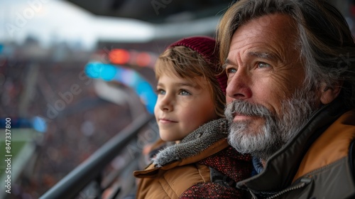 An elderly man with a young boy enjoying a live sports event, reflecting family bonding and recreational activities