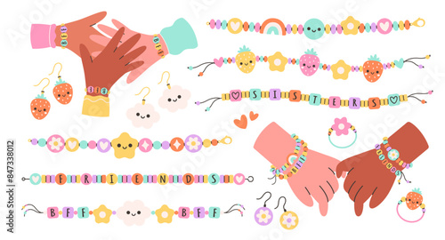 Kids jewelry set. Colorful handmade bracelets with plastic beads. Friendship bracelets, earrings, rings. Vector illustration in flat style	