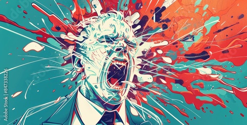 State of mind, Mind-blowing idea, head explosion illustration of businessman in chaos --chaos 10 --ar 16:9 Job ID: 6617d071-e5b8-428a-81fb-983a53891638