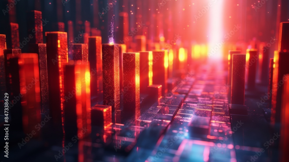 Obraz premium A futuristic cityscape with bright lights and red buildings, AI